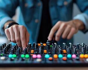 Man adjusting controls on a wired music mixer, focus on buttons and knobs