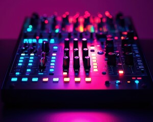 Digital music mixer with wired connections, glowing controls, dark mode
