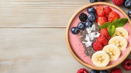 A vibrant smoothie bowl topped with fresh berries, banana slices, chia seeds, and mint on a rustic wooden surface.