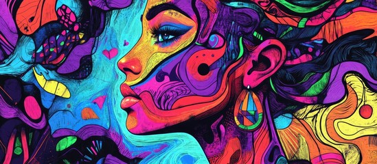 Vibrant psychedelic line art featuring an abstract representation of a woman complemented by doodles and hand drawn 2d elements