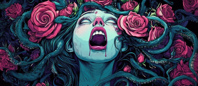 Surreal 2d illustration featuring a screaming girl intertwined with tentacles roses and a Venus flytrap Ideal for cards posters banners t shirts textiles labels and coloring books