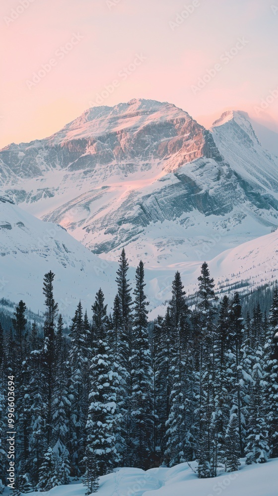 Poster a mountain range covered in snow with a few trees visible