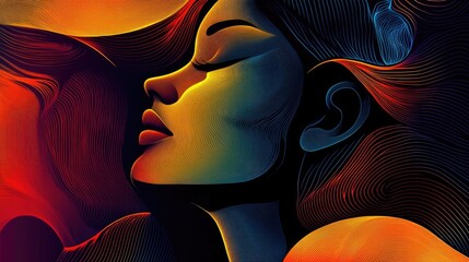 Obraz premium Abstract portrait of a woman featuring modern line art Contemporary silhouette design highlighting a beautiful female face with vibrant colors in a surrealistic style