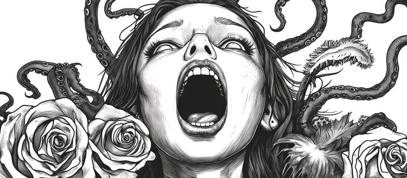 2d illustration featuring a screaming girl surrounded by tentacles roses and a Venus flytrap Surrealistic tattoo artwork suitable for cards posters banners t shirt prints textiles labels or colori
