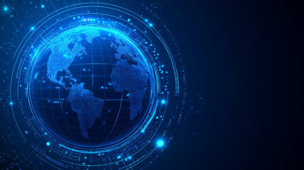 Obraz premium Glowing blue earth globe with digital patterns and technology circles on dark background