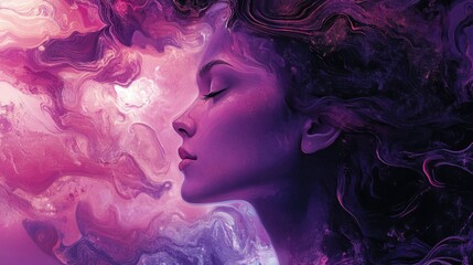 Portrait of a fantastical woman in purple and pink hues representing thought creativity and the complexities of mental health