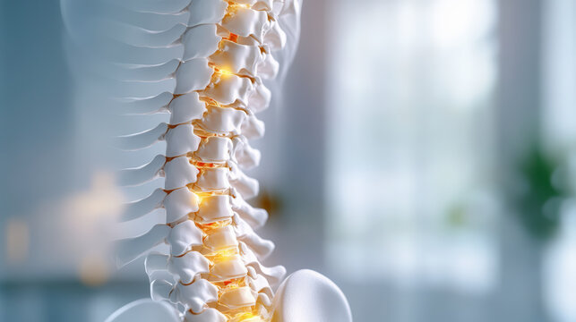 A detailed medical illustration of a human spine and pelvis, highlighting vertebrae and intervertebral discs.