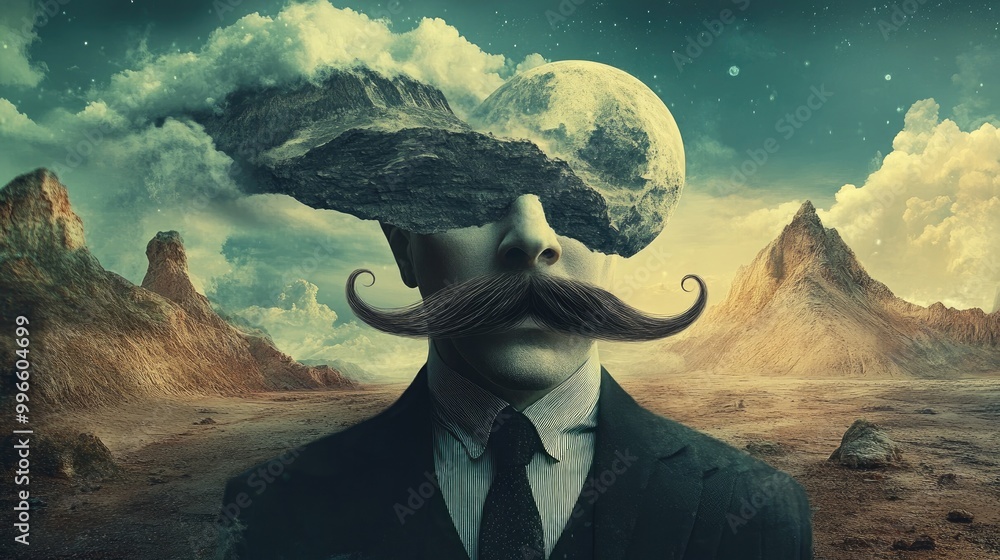 Poster surrealist photography featuring distinctive mustaches exploring abstract dreamscapes and imaginativ
