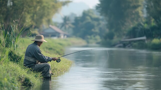 36. A fisherman demonstrating traditional casting techniques on a riverbank