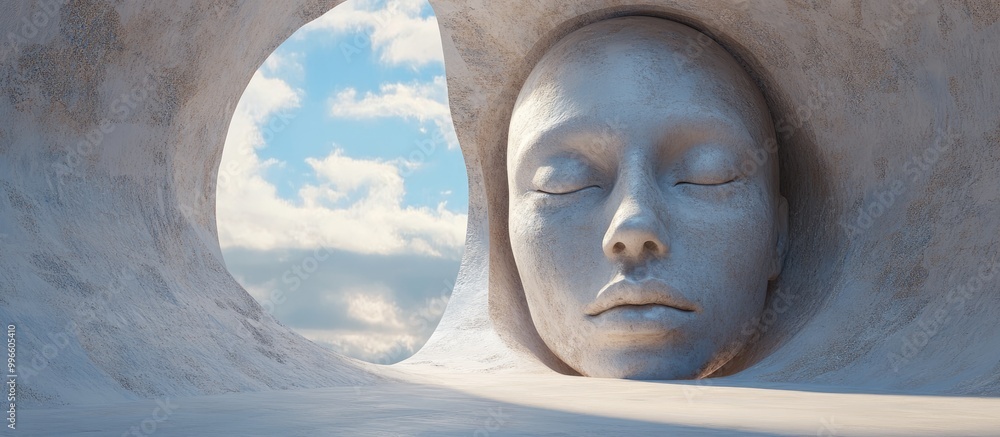Poster surreal abstract composition featuring a human face created through 3d rendering