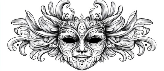Surreal black and white mask isolated on a white background Hand drawn 2d illustration featuring a mystical boho design Suitable for coloring pages textiles prints posters and stickers