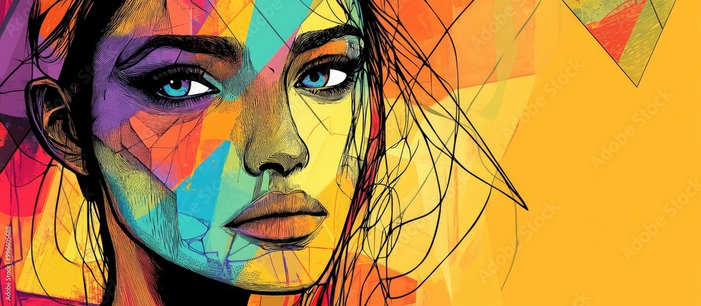 Poster bohemian woman depicted in a surrealistic style unique portrait created with a single continuous bla