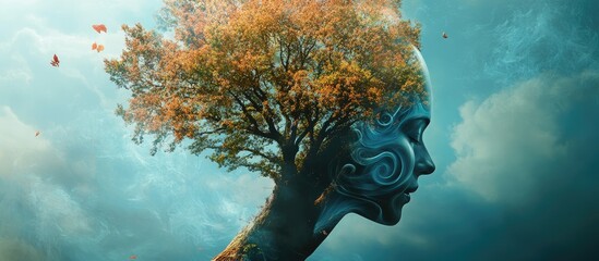 Surreal artwork depicting a tree merging with a human head symbolizing thought hope freedom and the imaginative connection between nature and the mind