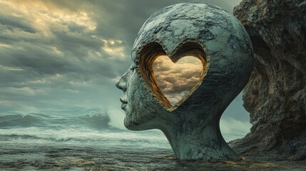 Surreal romantic dream featuring a sculpted head with a large heart inside evoking emotions of love in a distinctive artistic style