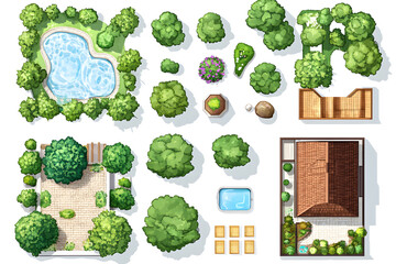 Top view 2d cartoon architectural landscape items isolated on white background