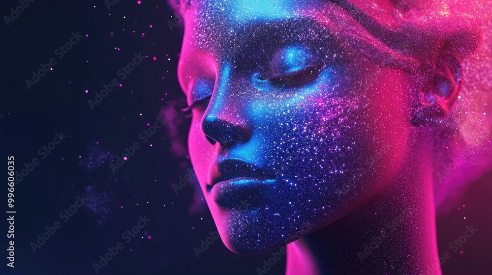 Poster creative 3d rendering of a female bust figure featuring a galaxy of deep space particles on the face