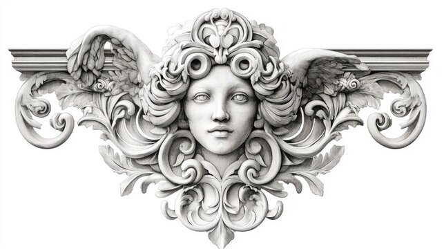 ornate angel face sculpture, monochrome, detailed