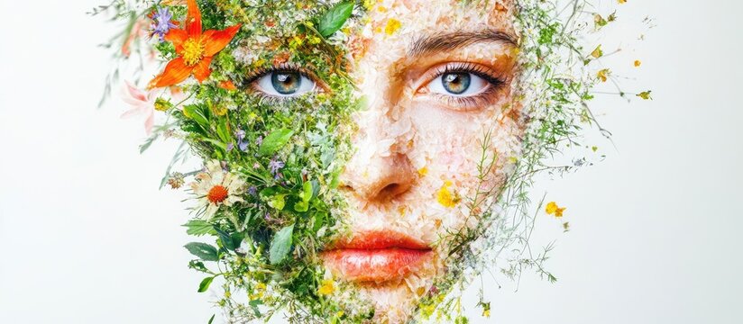 A surreal face composed of herbs and flowers ideal for diverse creative projects