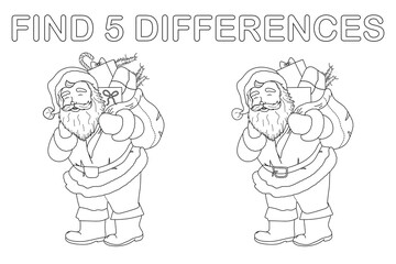 Find differences game for children. Christmas black and white educational activity with Santa. Printable line art or coloring page
