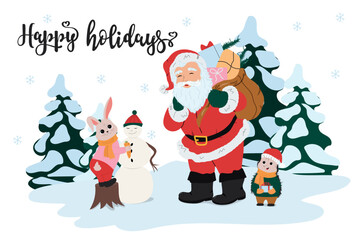 Happy holidays 2024 card. Cute baby animals with Santa Claus. Horizontal vector illustration