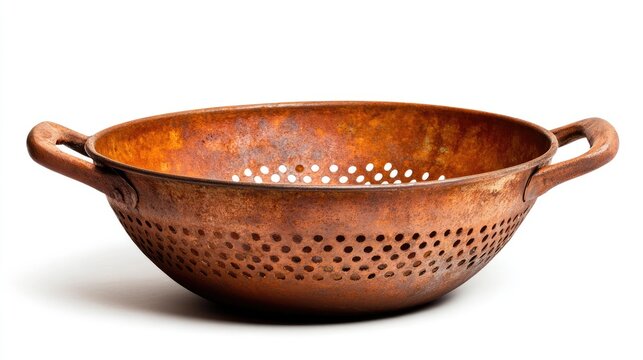 A vintage copper colander with perforated design, ideal for draining pasta and washing vegetables in the kitchen.