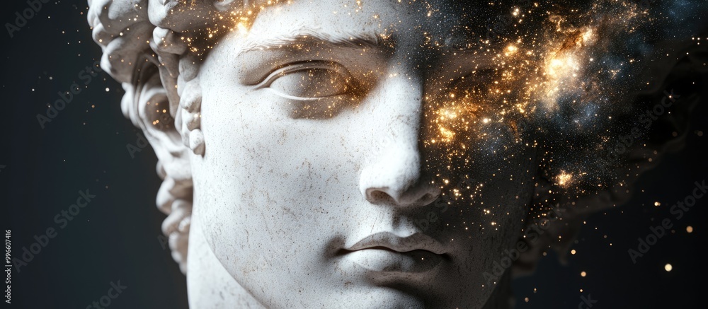 Poster abstract 3d rendering of a classical male marble bust featuring a galaxy of deep space particles acr