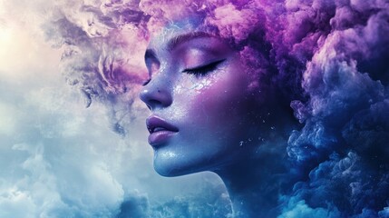 Surrealist 3D Illustration of a Female Portrait with Dreamy Splash Effects