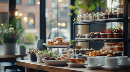 Fototapeta premium A cozy caf? with a delightful display of pastries and desserts, invitingly arranged on trays and shelves, creating a warm, inviting atmosphere.
