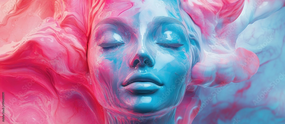 Poster 3d illustration featuring an abstract background centered around a female face created using vibrant