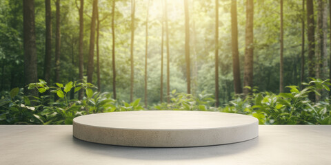 A round stone pedestal situated in a serene forest setting, highlighted by soft sunlight. Perfect for showcasing an eco-friendly product or nature-inspired presentation.