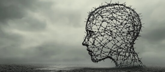 Concept of tortured thoughts and depression represented by tangled barbed wire shaped like a human head symbolizing psychological or psychiatric struggle and distress