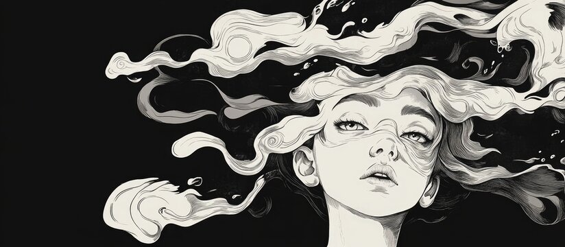 Hand drawn 2d illustration of a quirky young girl with ocean waves as her face Graphic Noir style character design suitable for cards posters banners and t shirt prints