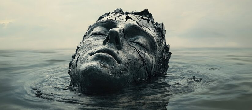 Moody and isolated a surreal art illustration depicts a fractured human sculpture submerged in water evoking feelings of sadness and introspection