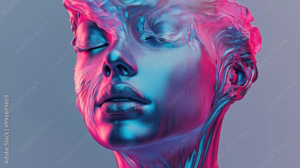 Poster abstract 3d rendering of a female bust figure with a water ripple effect featuring an anonymous face