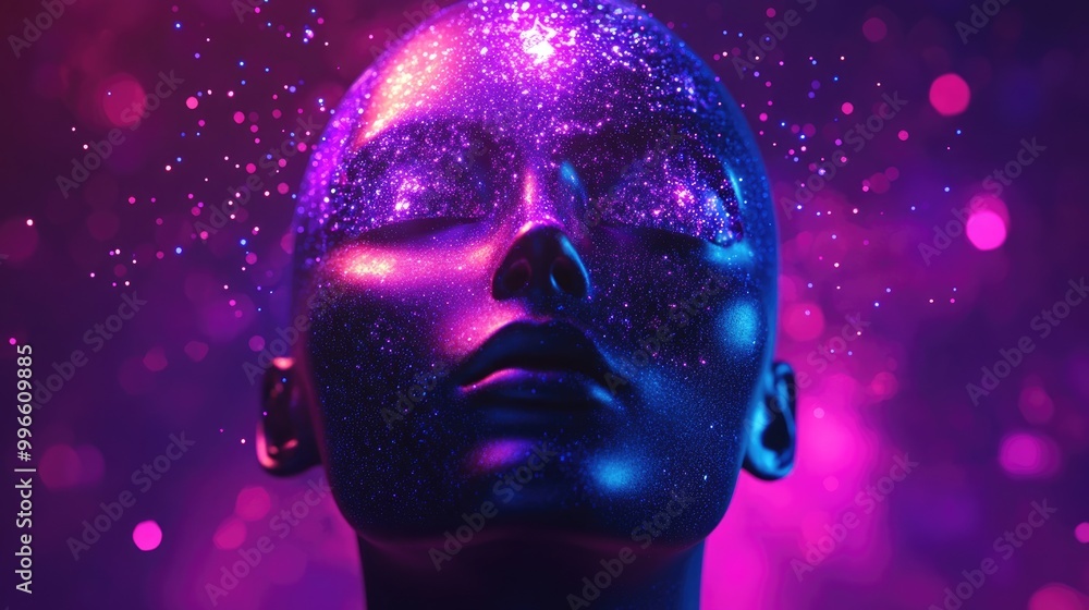 Poster creative 3d rendering of a female bust figure featuring a galaxy of deep space particles on the face