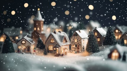 Naklejka premium An empty scene featuring (a snowy Christmas village with twinkling lights and softly falling snowflakes), creating an ideal product mockup space, 