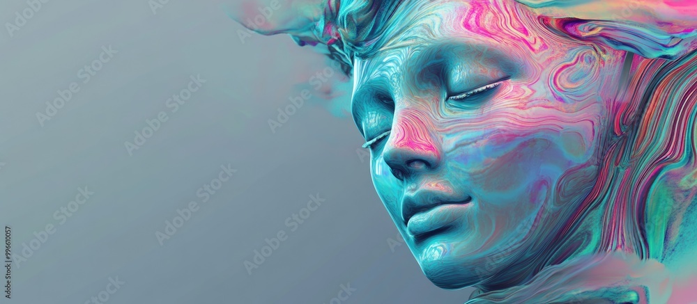 Poster abstract 3d rendering of a female bust figure with a water ripple effect and an anonymous face set a