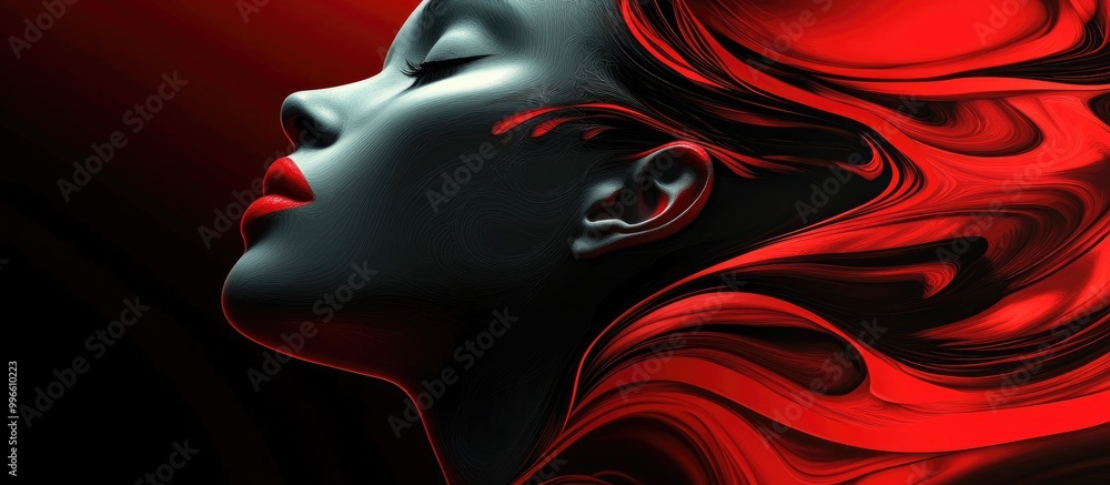 Poster surreal abstract facial design featuring a striking red and black background 2d illustration in eps 