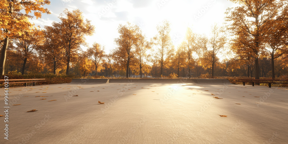 Poster autumn sunlight filters through trees surrounding an empty park with a smooth concrete surface, scat