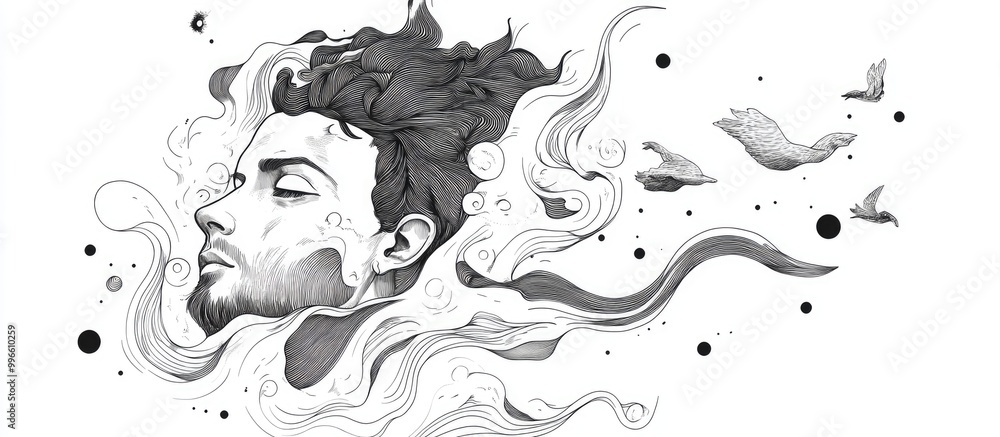 Poster hand drawn illustration of a man in a graphic style character design featuring surrealism and tattoo