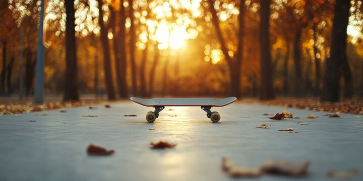 A skateboard rests on a smooth path surrounded by autumn leaves, illuminated by the warm glow of the setting sun in a peaceful park.