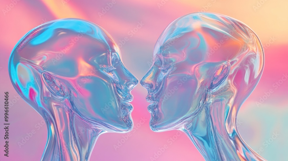 Poster abstract 3d rendering of two transparent glass figures intersecting set against a colorful vaporwave
