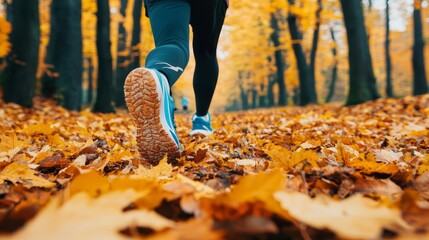 Runner in autumn forest with colorful leaves on the ground