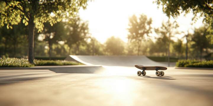 A skateboard rests on a sunlit skatepark, surrounded by trees, as the day begins with bright and inviting energy. - Powered by Adobe