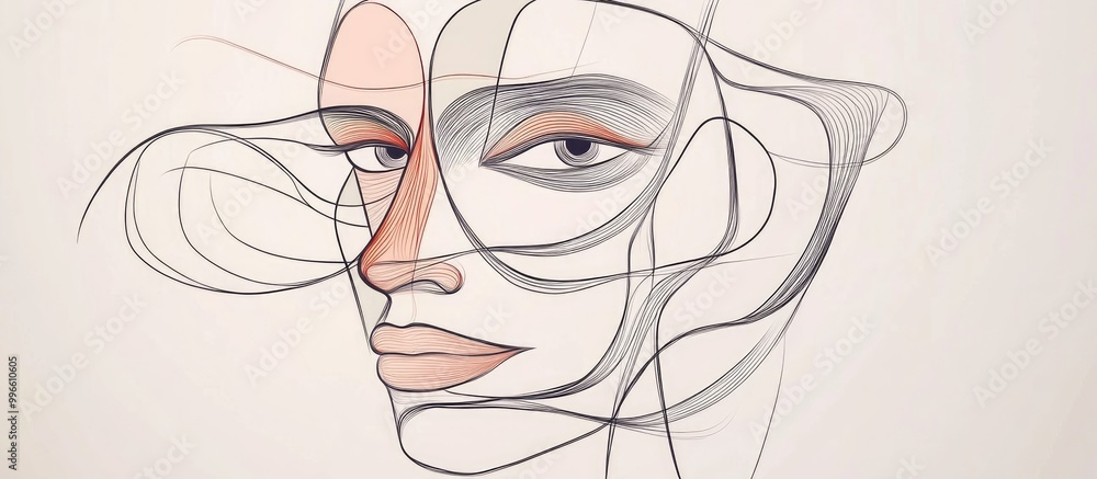 Poster abstract one line drawing of a face in a cubist surrealistic style features contemporary elements se