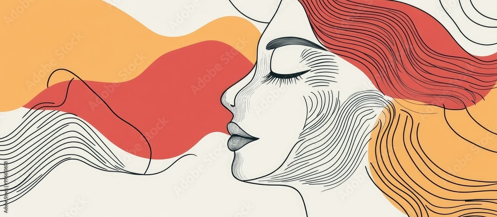 Poster abstract shapes and zigzag lines form a continuous line art face illustration minimalist hand drawn 