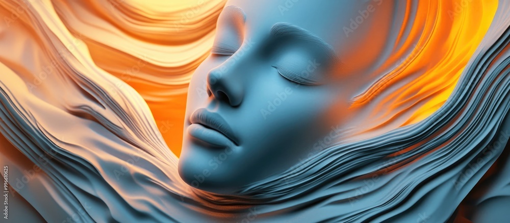 Poster surreal abstract composition featuring a human face created through 3d rendering