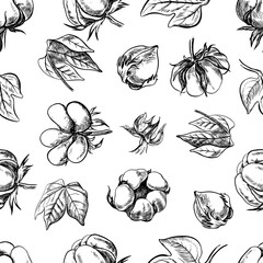 The cotton is organic. Seamless black and white pattern, graphic vector illustrations in the form of cotton boxes and leaves. On a white background. For packaging, textiles, labels and printing.
