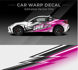 Car Warp Decal Sticker Design With Black Pink White Color. Racing Concept
