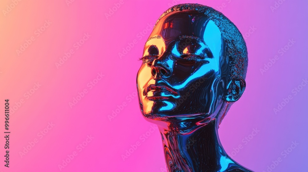 Poster abstract 3d rendering of a female bust figure crafted from reflective chrome set against a gradient 